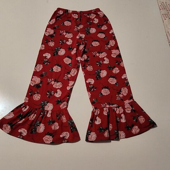 MATILDA JANE 12 RED PINK GREEN FLORAL RUFFLE FLARE STRETCH PANTS LEGGINGS - Picture 6 of 6